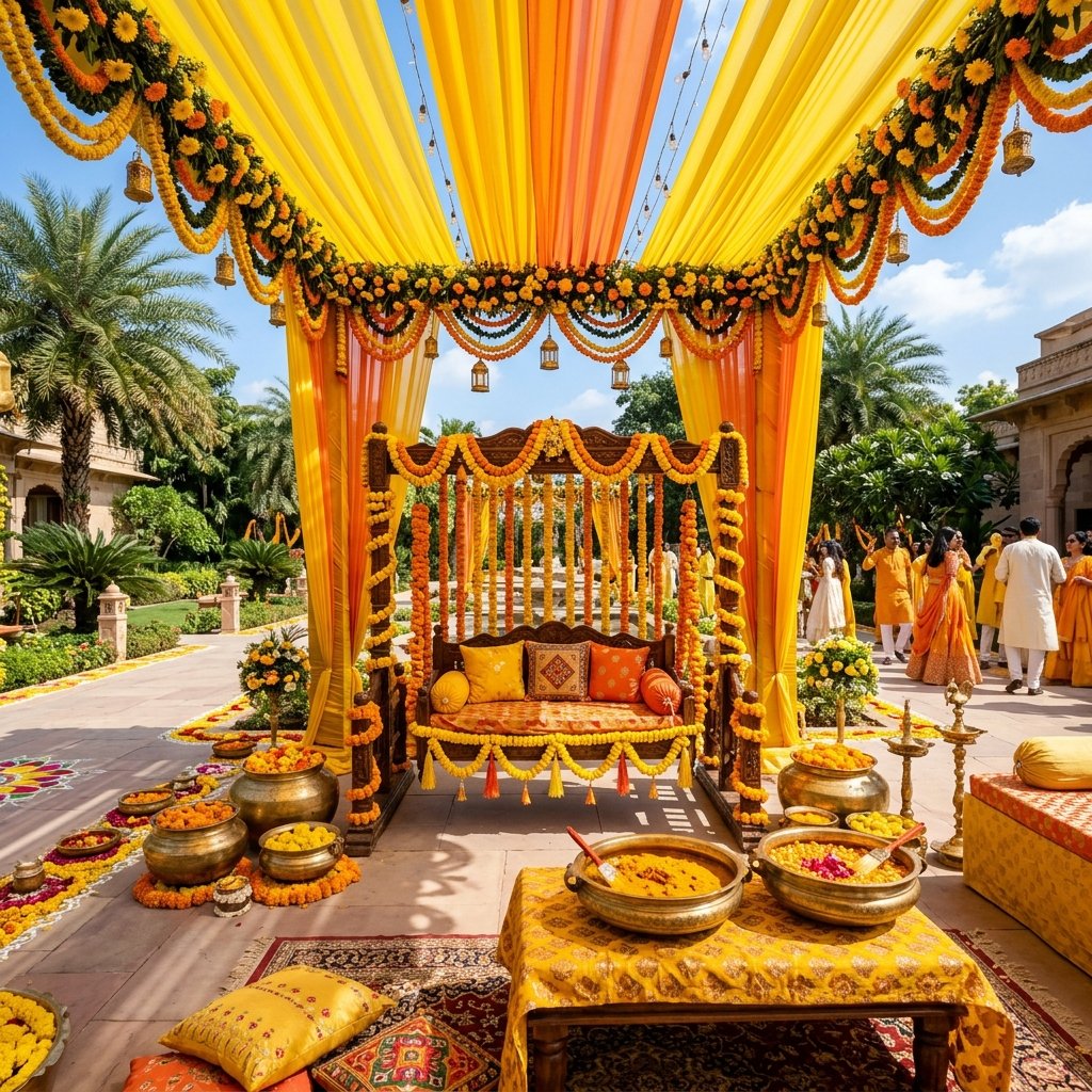Vibrant Haldi decoration setup Chennai